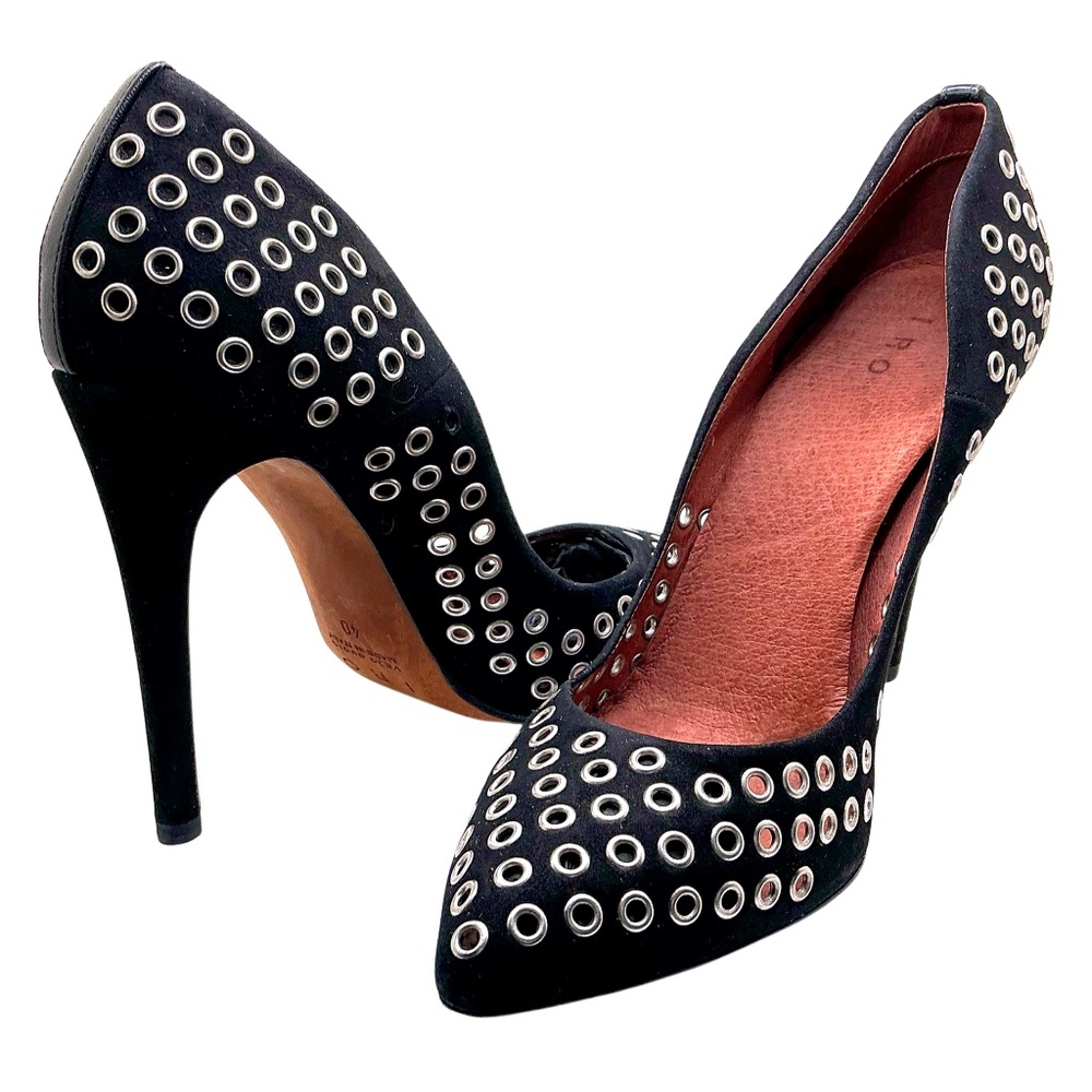 IRO Suede Eyelet Trim Pumps Heels Stilettos Black US 9.5 EUR 40